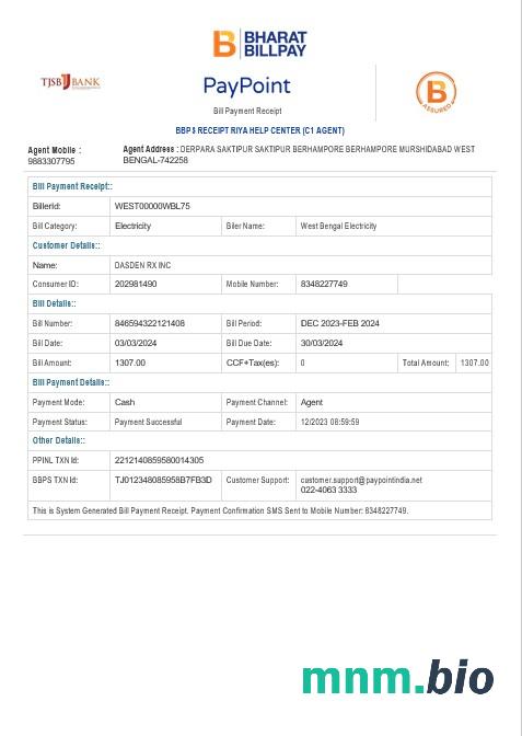 Indie Bengal Zachodni elektryczność biznes narzędzie bill słowo i PDF szablon